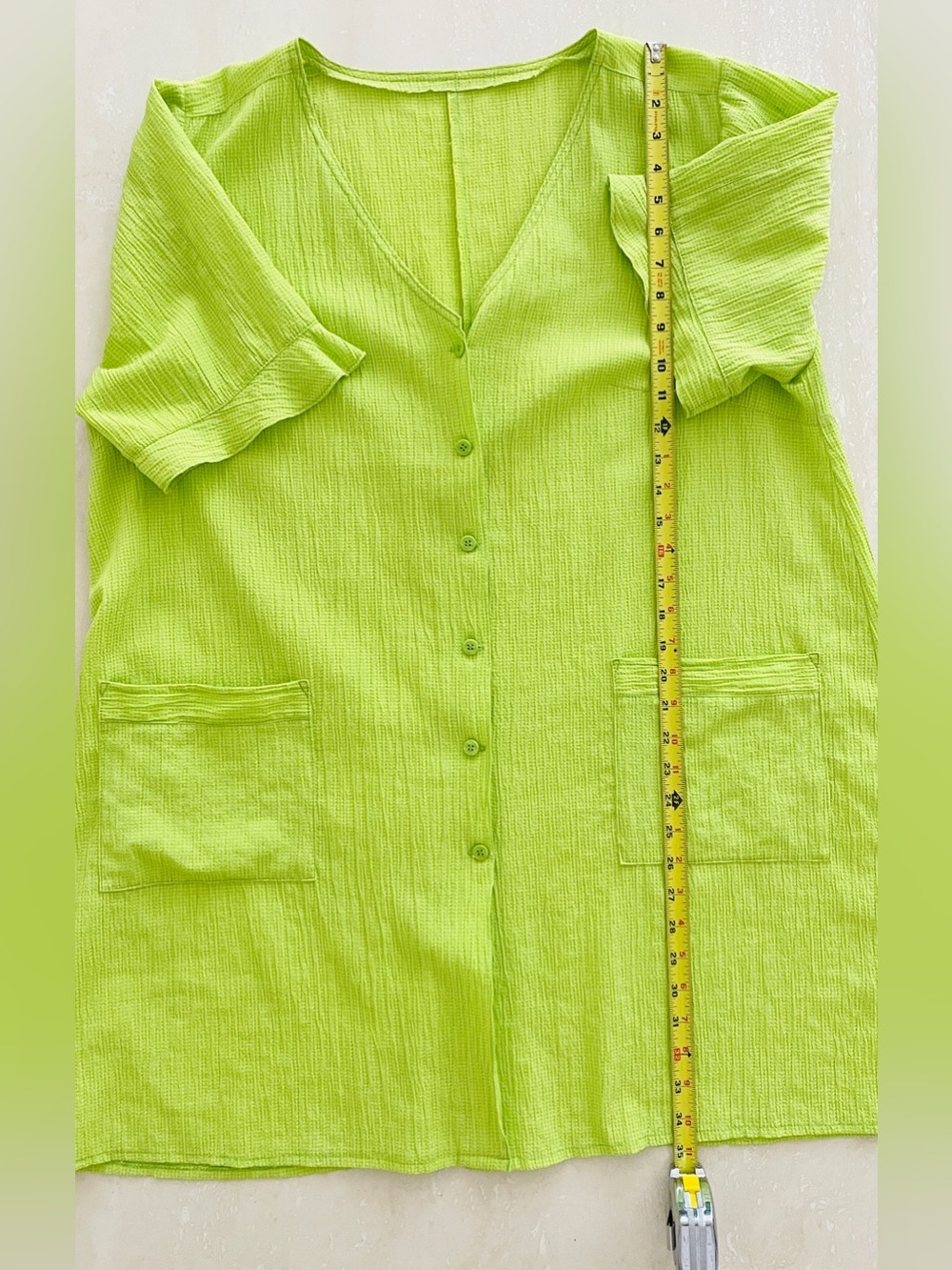 Women’s Handmade Button Down Front Lime Linen Tunic Shift Dress Pockets XL XXL